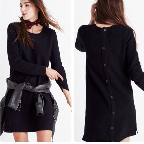 Madewell Black Textured Knit Merino Wool Knee Length Shift Sweater Dress Size XS - Picture 1 of 6